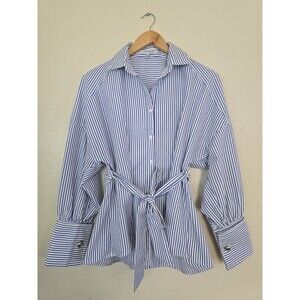 Belted Long Sleeve Top Womens Size Small Stripe Button Up Barrel Sleeve Favlux